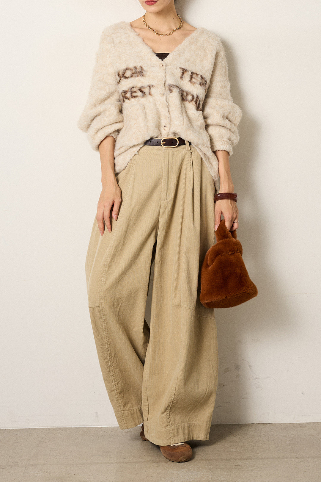 [SET]ウール混透かしロゴニットカーディガン+タック入りコーデュロイワイドパンツ(2set)