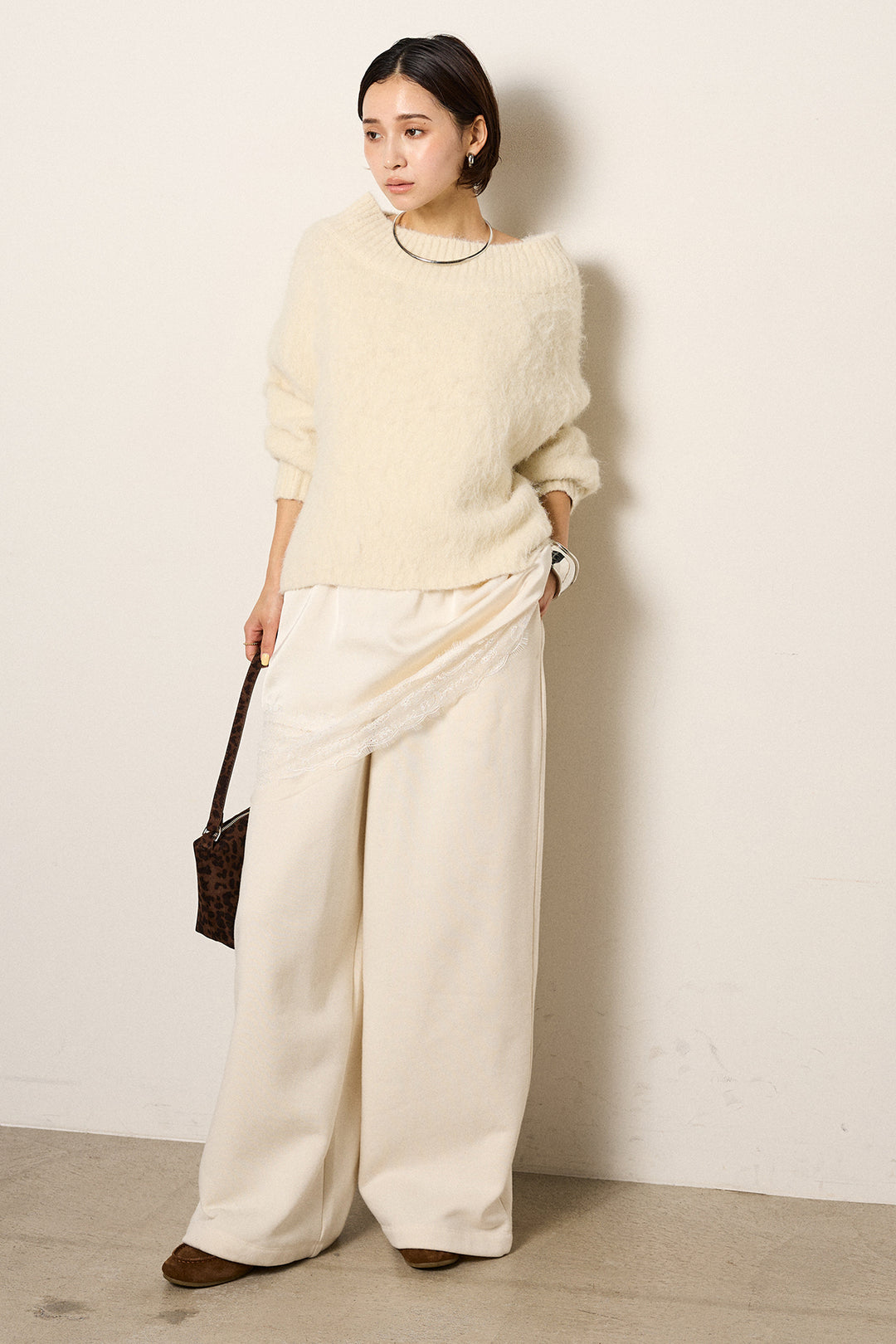 [SET]アルパカタッチオフショルニット+レース切り替えキャミソール+裏起毛スウェットワイドパンツ(3set)