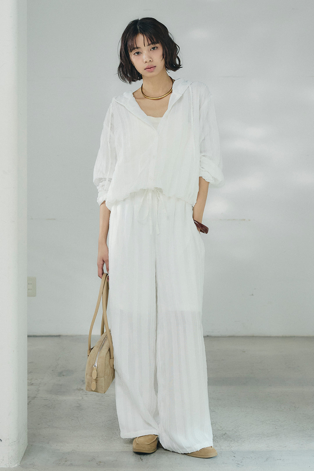 [SET]ストライプジャガードフードシャツ+ストライプジャガードロングイージーパンツ(2set)