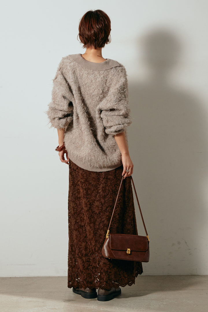 [SET]襟付きシャギーニットポロトップス+花柄刺繍ベロアフレアスカート(2set)