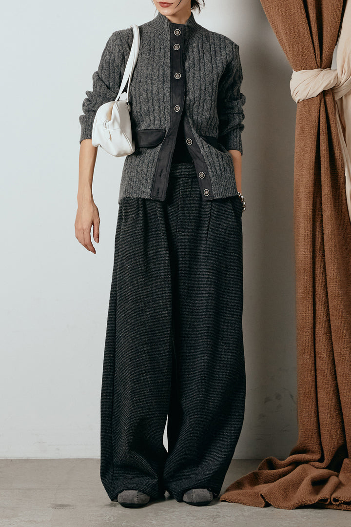 [SET]ボトルネックケーブルニットカーディガン+起毛タック入りツイードワイドパンツ(2set)