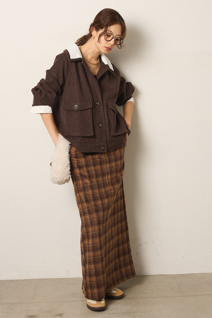 [SET]衿レイヤードフェイクウールジャケット+シャギーチェックストレートスカート(2set)