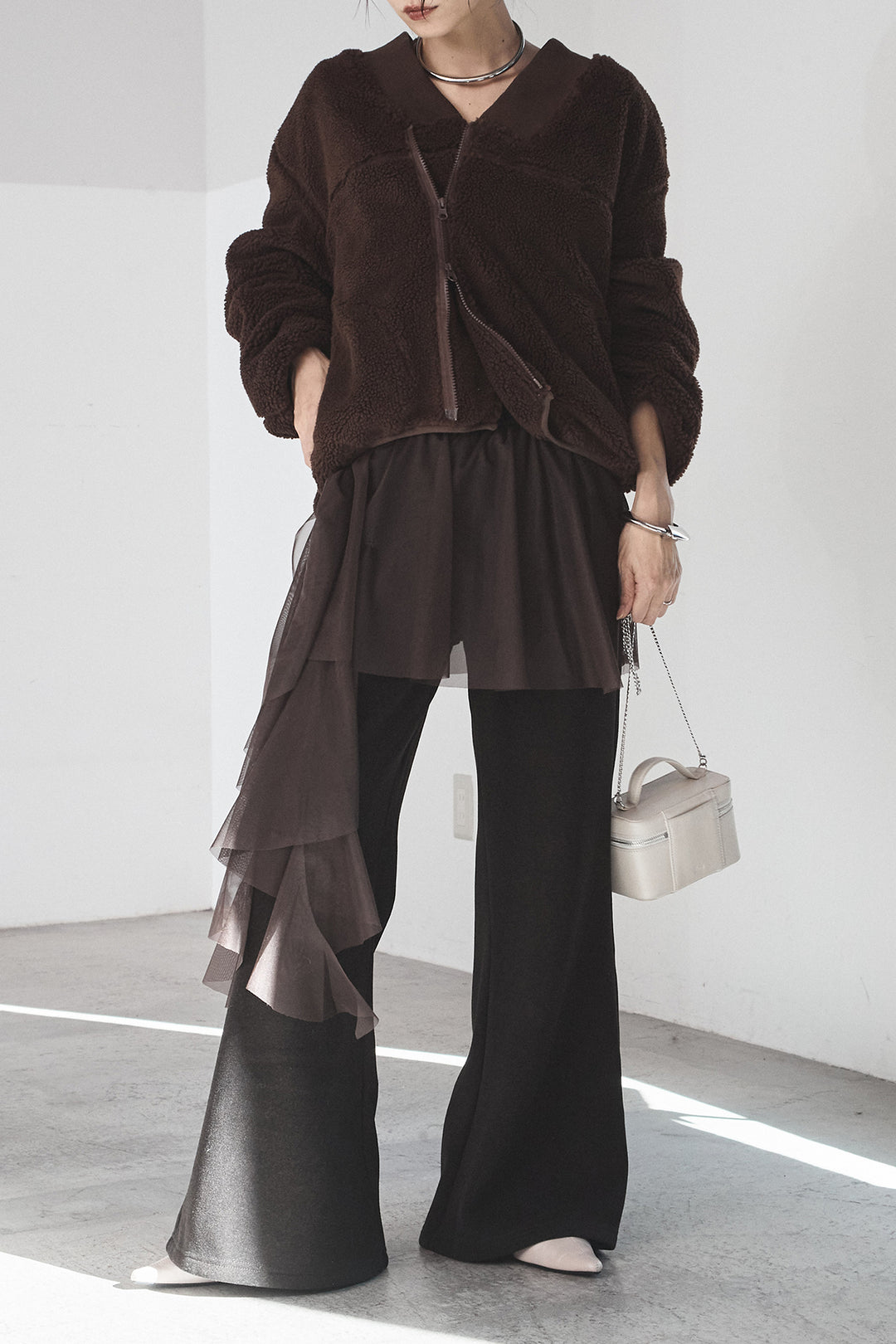 [SET]ノーカラーリブボアアウター+チュールレイヤードニットパンツ(2set)