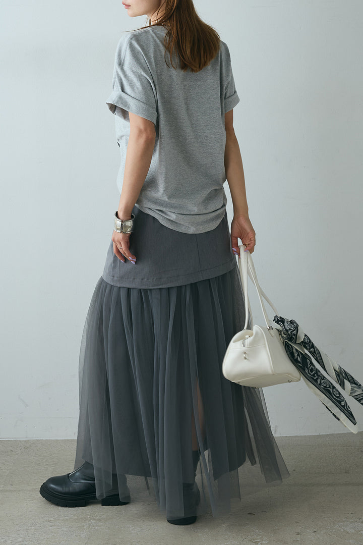[SET]モノトーンフォトプリントTシャツ+切り替えデザインボリュームチュールスカート(2set)