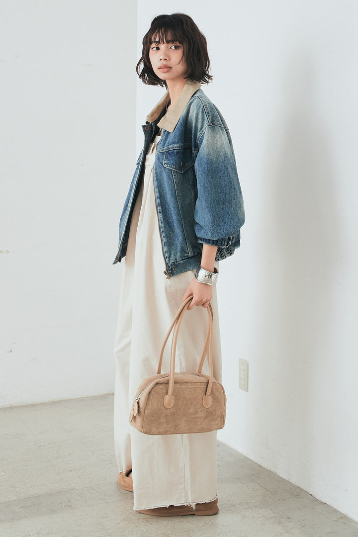 [SET]襟切り替えジップデニムジャケット+綿ツイルアシメサロペット(2set)