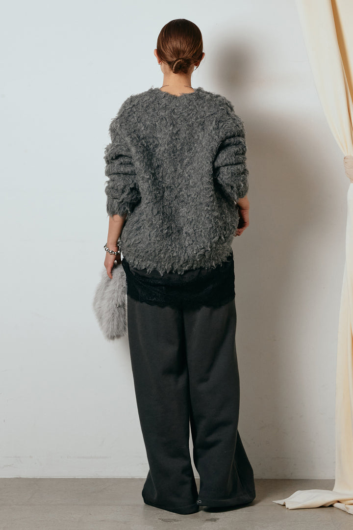 [SET]ルーズシャギーニットカーディガン+レース切り替えキャミソール(2set)