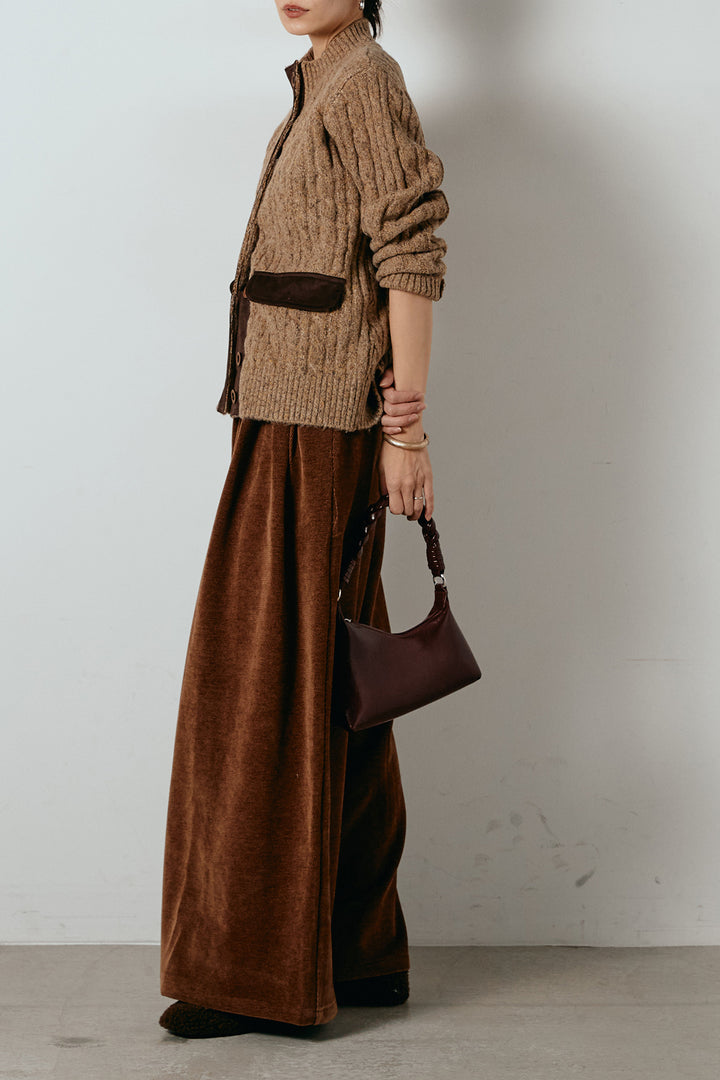 [SET]ボトルネックケーブルニットカーディガン+ベルトループコーデュロイワイドパンツ(2set)