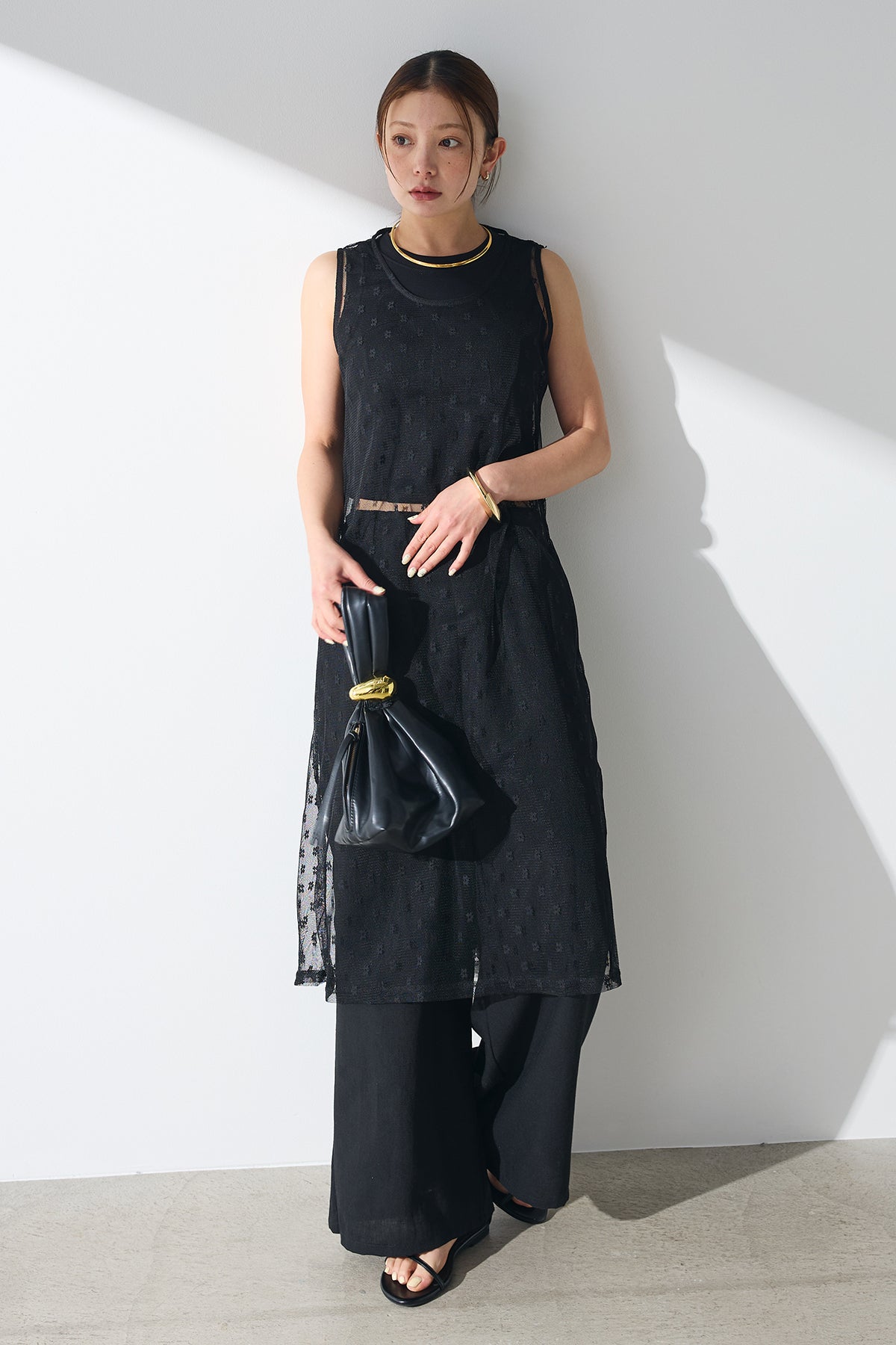 SET]花柄レースシアーワンピース+リブ切り替えタンクトップ(2set