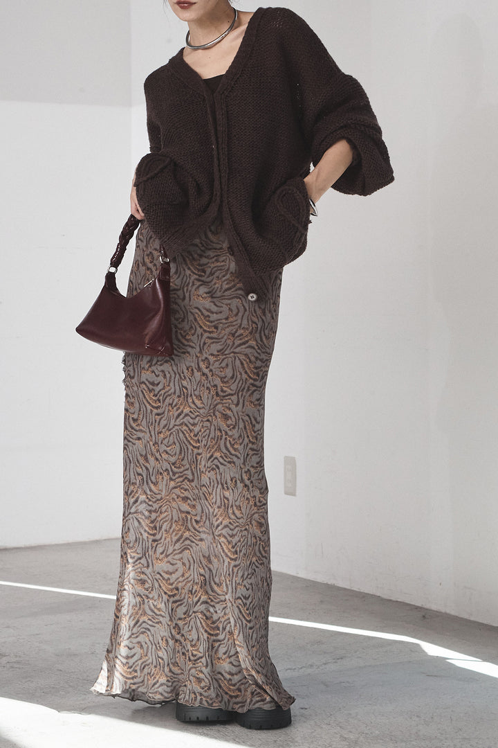 [SET]コード刺繍リラックスニットカーディガン+抽象柄ロングスカート(2set)