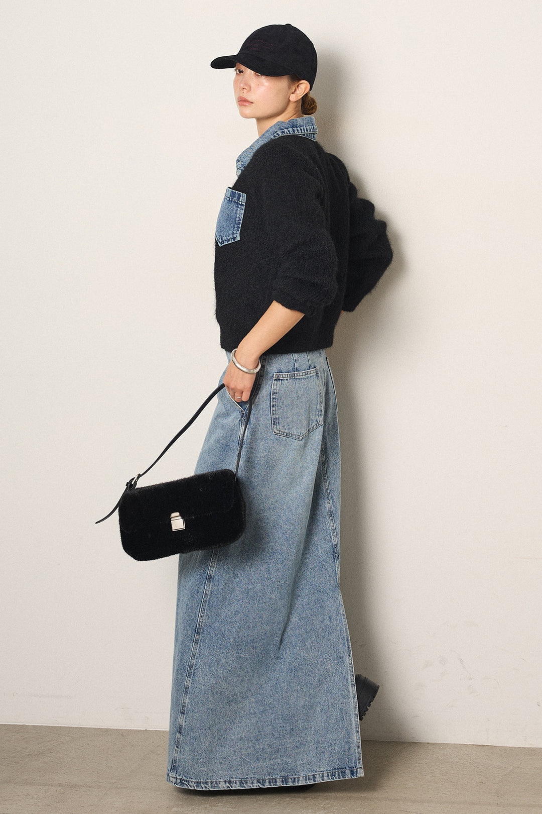 [SET]襟付きデニム切替ニットカーディガン+デニムロングフレアスカート(2set)