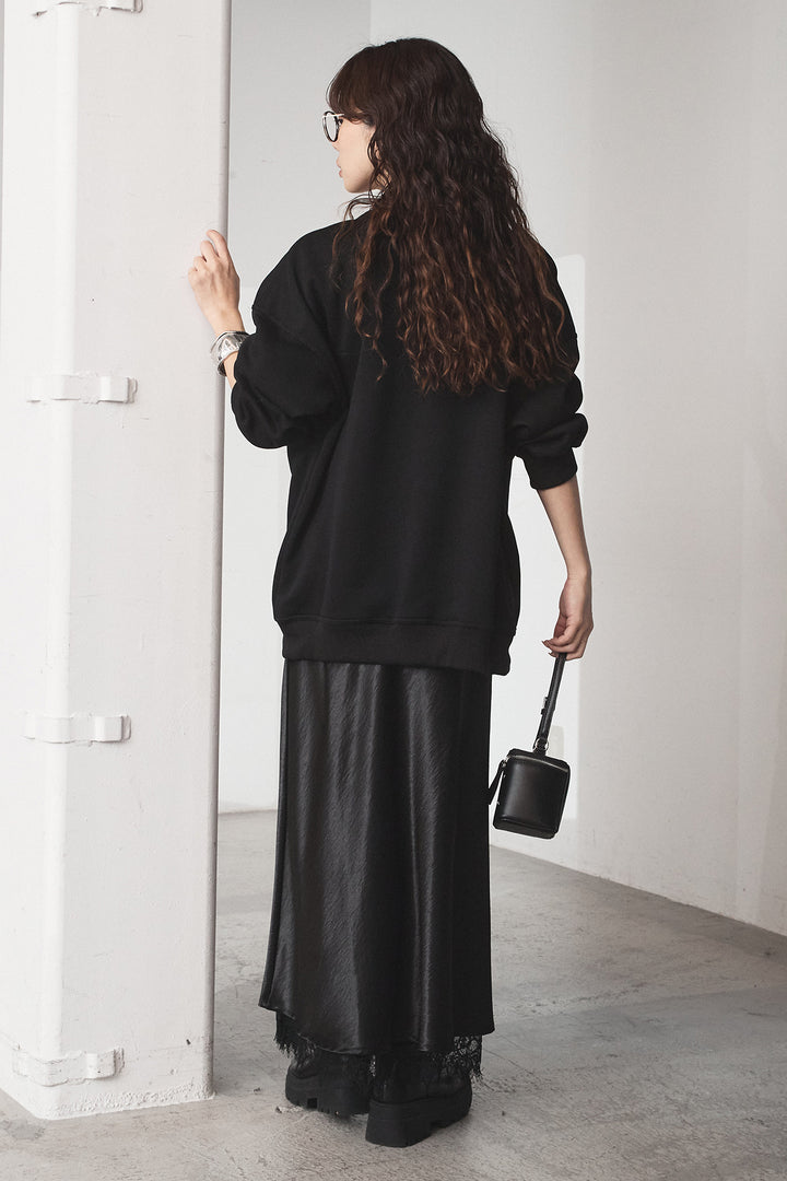 [SET]裏起毛モーニングキャットプリントスウェット+裾レースデザインサテンスカート(2set)