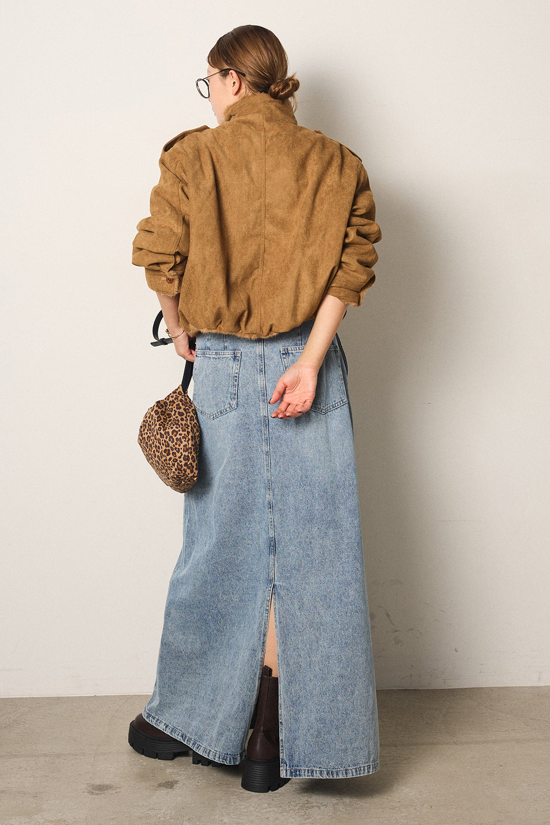 [SET]スタンド襟スウェードライクアウター+デニムロングフレアスカート(2set)