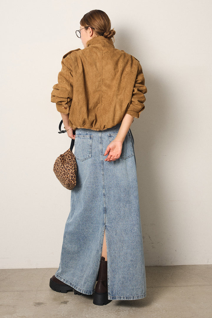 [SET]スタンド襟スウェードライクアウター+デニムロングフレアスカート(2set)