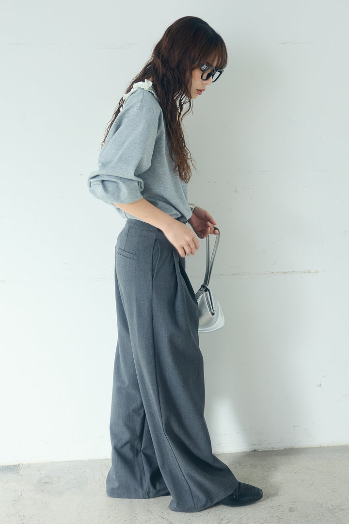 [SET]ネックギャザーフリルスウェット+サイドベルトタック入りスラックス(2set)