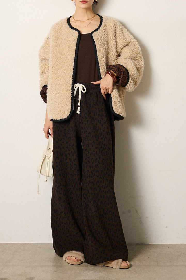 [SET]ノーカラー裏地レオパードボアアウター+レオパードジャガードニットパンツ(2set)