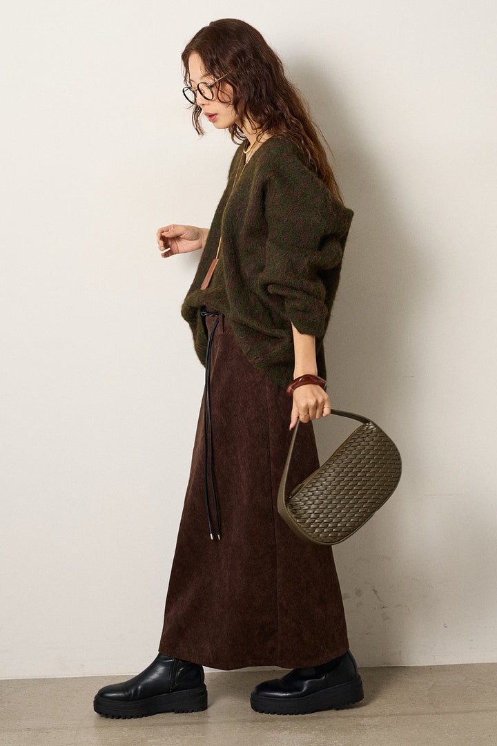 [SET]フラッフィーレオパードシャギーニット+ロープベルト付きスウェード調スカート(2set)