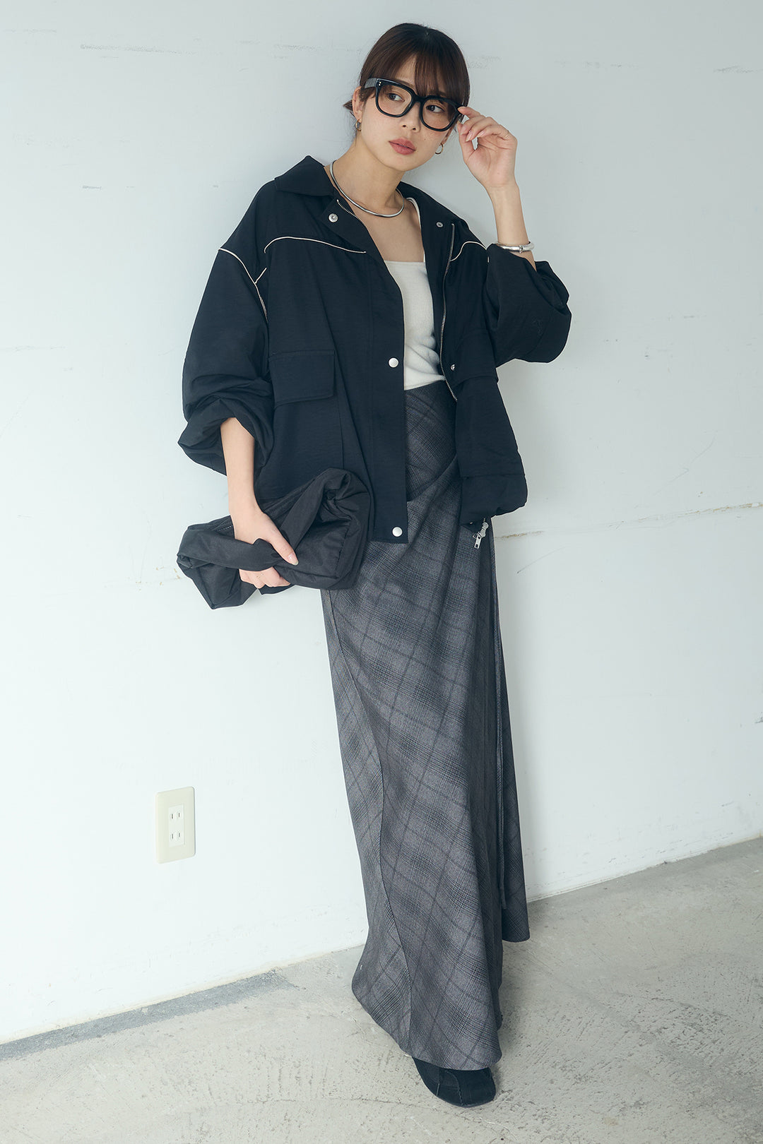 [SET]合繊ツイルバルーンジャケット+タータンチェック柄フロントデザインスカート(2set)