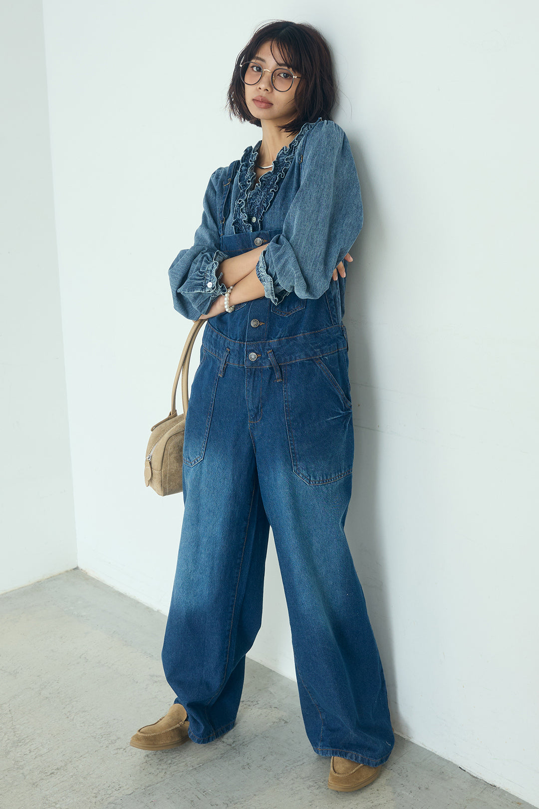 [SET]Vネックデニムフリルトップス+デニムサロペットワイドパンツ(2set)