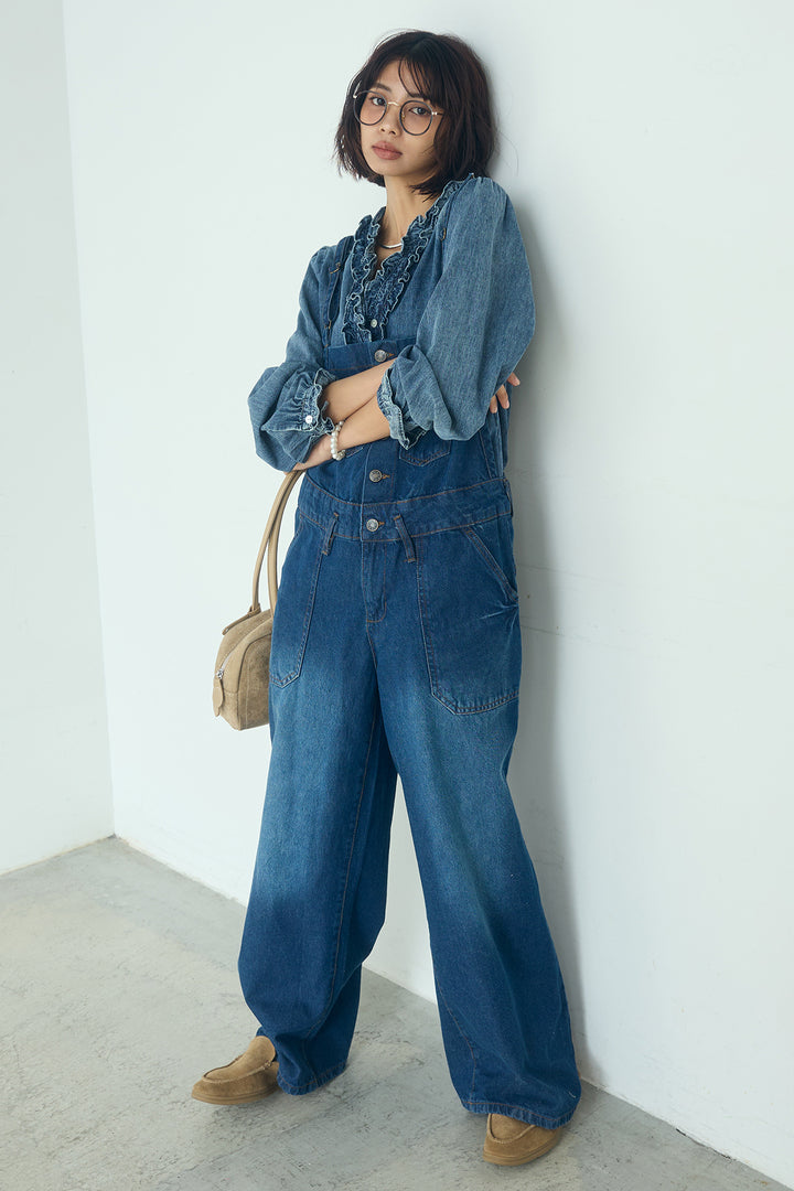 [SET]Vネックデニムフリルトップス+デニムサロペットワイドパンツ(2set)