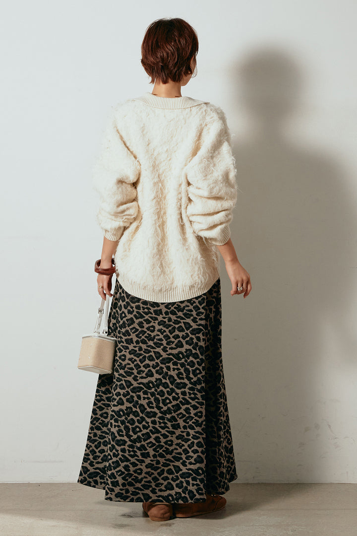 [SET]襟付きシャギーニットポロトップス+レオパードロングスカート(2set)