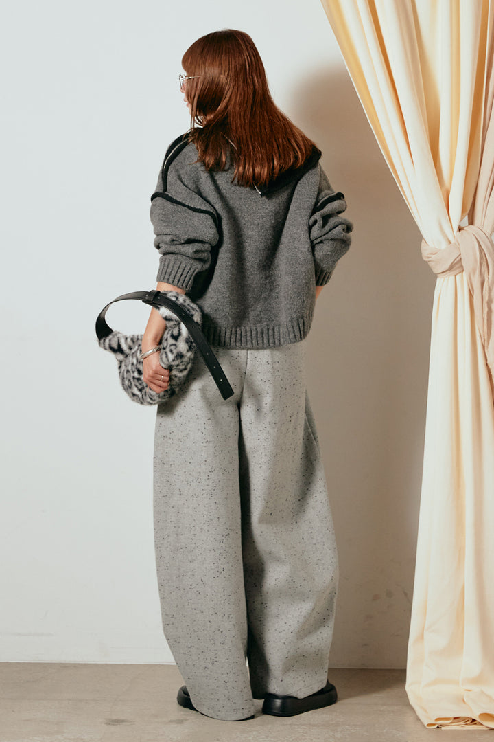 [SET]ハイネックジップデザインニットトップス+ベルト付きネップツイードカーブパンツ(2set)