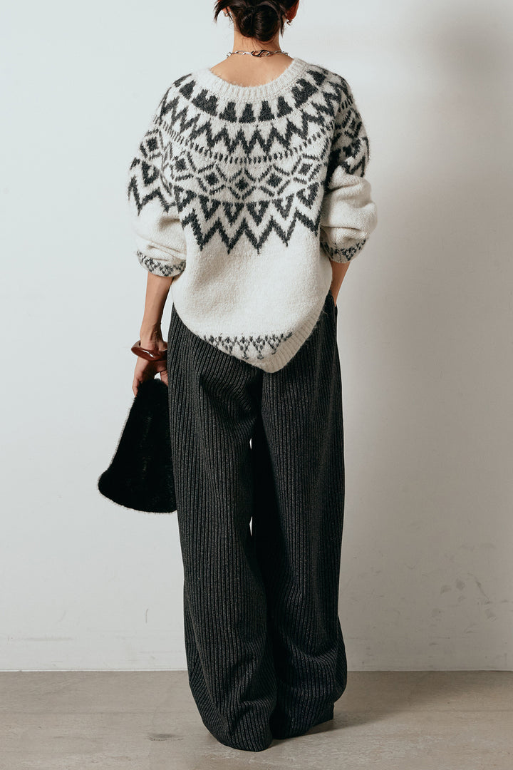 [SET]ノルディック柄Uネックプルオーバー+レザーライク配色ストライプパンツ(2set)