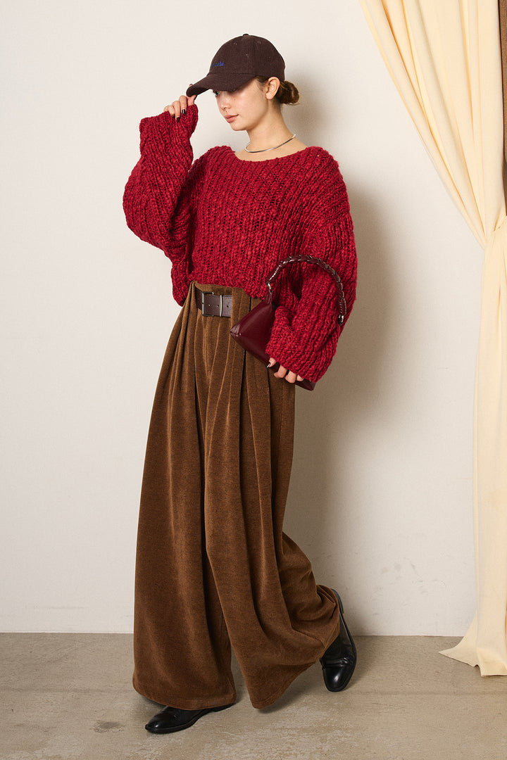 [SET]チャンキースラブニットクロップドプルオーバー+ベルトループコーデュロイワイドパンツ(2set)