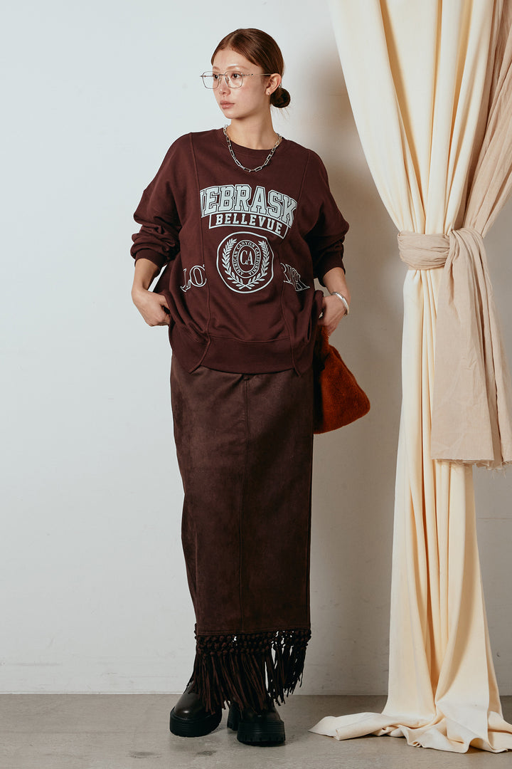 [SET]裏毛カレッジプリントプルオーバー+スウェードライク裾フリンジスカート(2set)