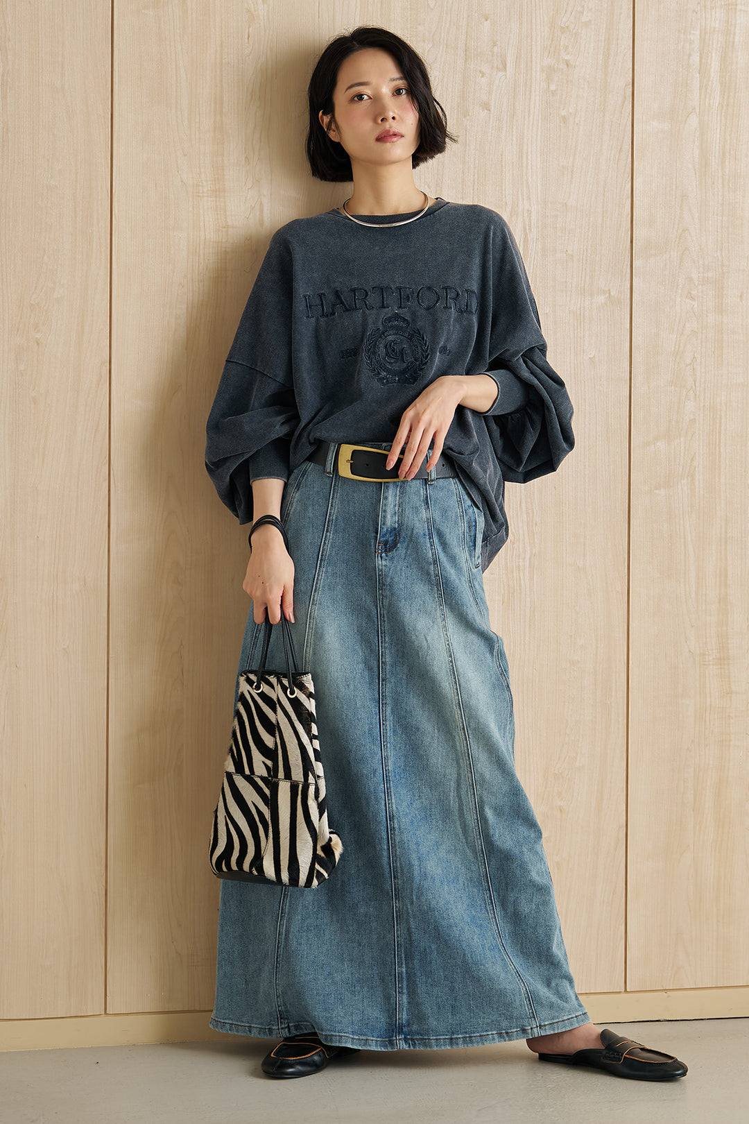 [SET]袖ボリュームHARTFORD刺繍Tシャツ+切替デニムロングスカート(2set)