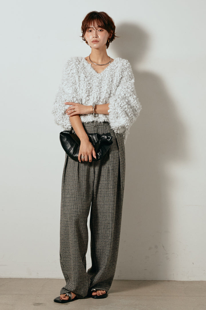 [SET]深Vネックチョウチョヤーンニットトップス+ガンクラブチェックタックパンツ(2set)