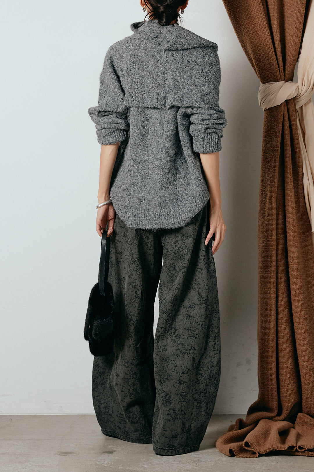 [SET]ケープデザインケーブルニットトップス+ベルト付きニュアンス柄カーブワイドパンツ(2set)