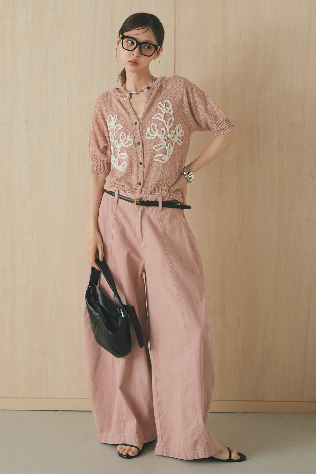 [SET]フロントテープデザイン半袖カーディガン+サイドベルトカーブワイドパンツ(2set)