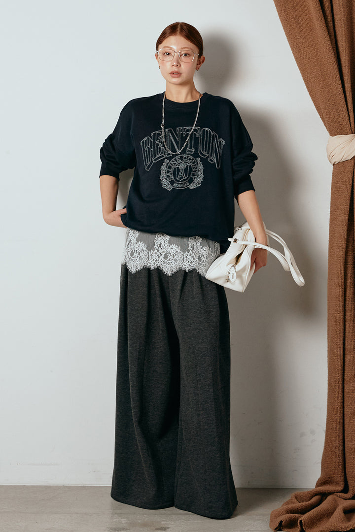 [SET]フロントロゴスウェットプルオーバー+フェイクレザー太ベルト付きタックワイドパンツ(2set)