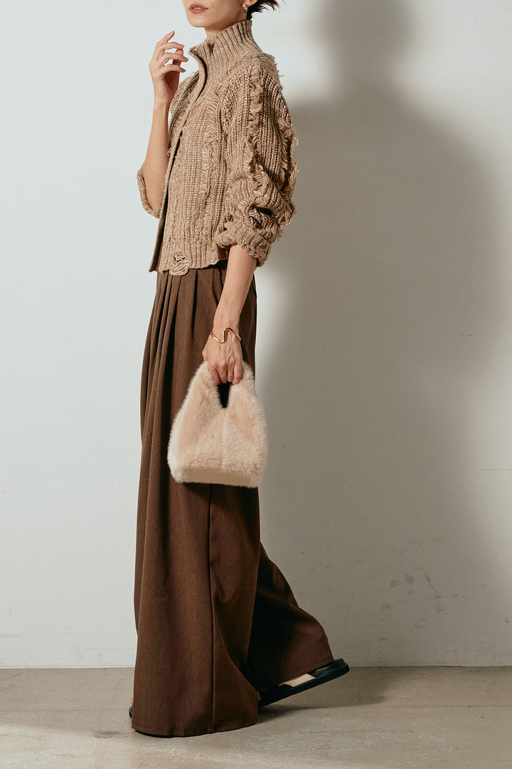 [SET]ハイネックフリンジジップニットトップス+ウエストステッチデザインワイドスラックス(2set)