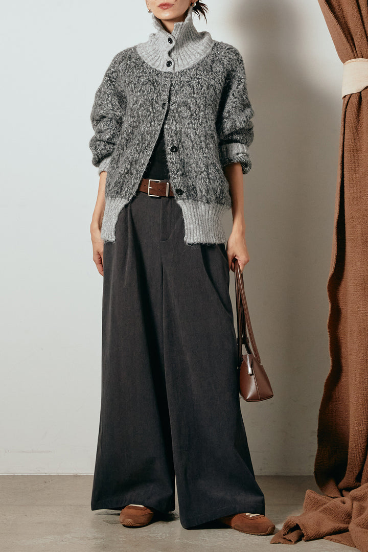 [SET]ハイネックミックスニットトップス+太ベルト付きコーデュロイタックパンツ(2set)