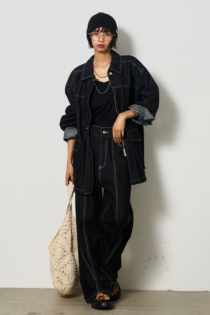 【即納】ステッチデザインデニムジップジャケット