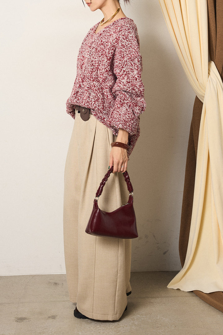 [SET]Vネックミックス編みニットトップス+ポーチベルト付きカーブパンツ(2set)