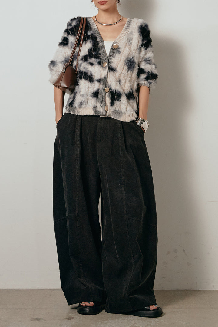 【着回しセット】[SET]タイダイ柄シャギーニットカーディガン+タック入りコーデュロイワイドパンツ+タイダイ柄シャギーニットカーディガン(3set)