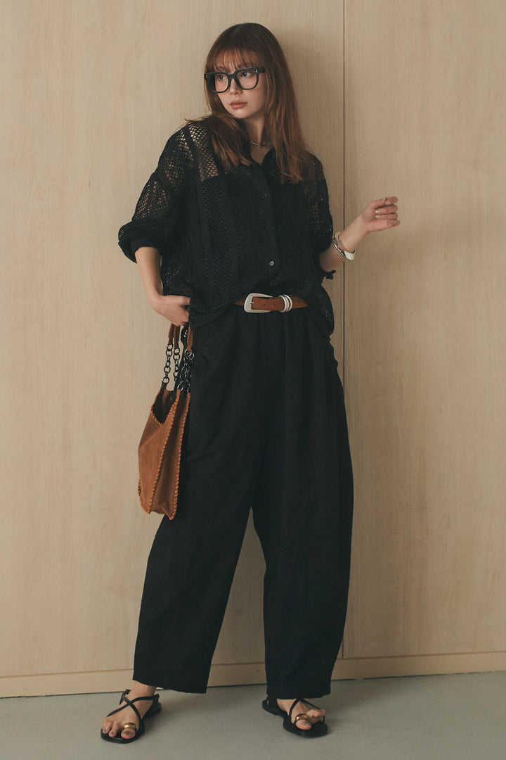 [SET]長袖襟付きレースシャツ+ポケットタックフォルムパンツ(2set)