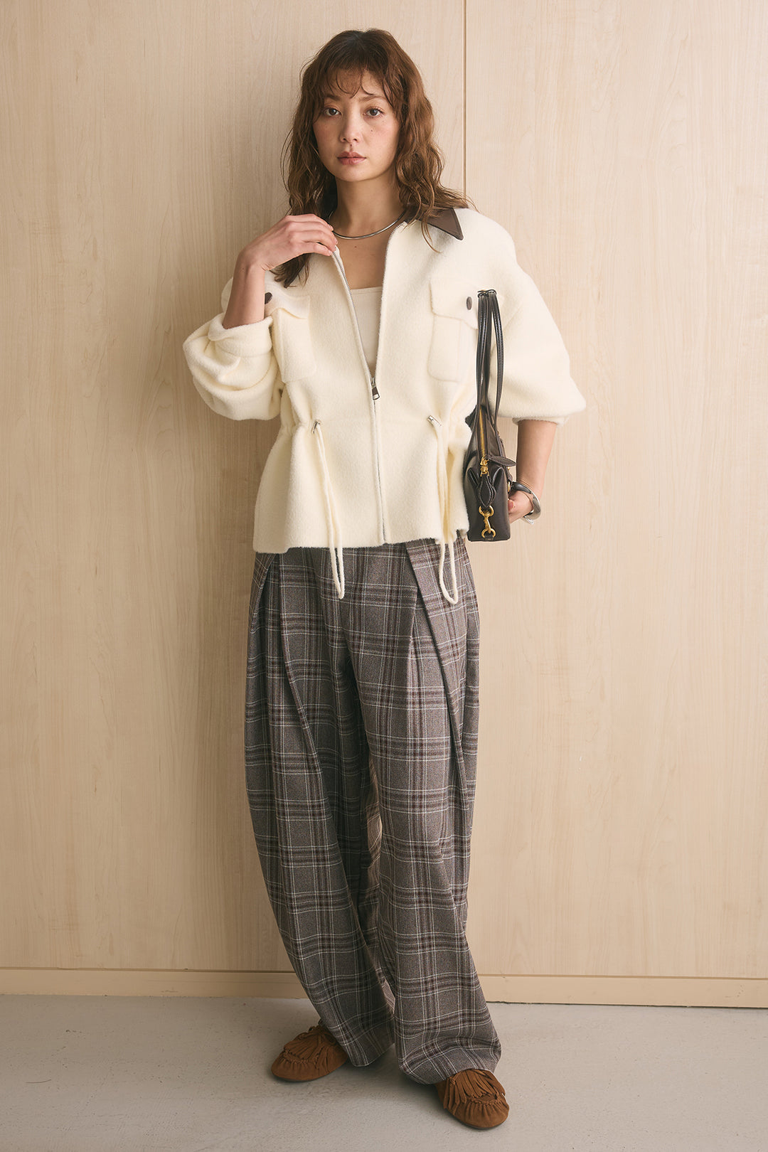 [SET]エコレザー切替えニットジャケット+ブリティッシュチェックバレルパンツ(2set)