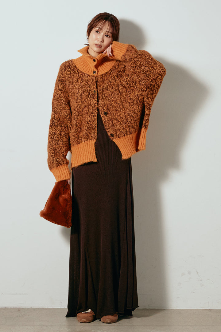 [SET]ハイネックミックスニットトップス+サイド切り替えリブニットロングスカート(2set)