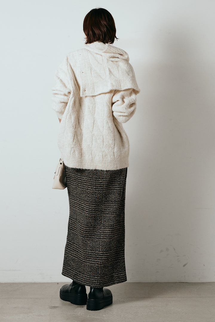 [SET]ケープデザインケーブルニットトップス+グレンチェック柄フロントジップタイトスカート(2set)
