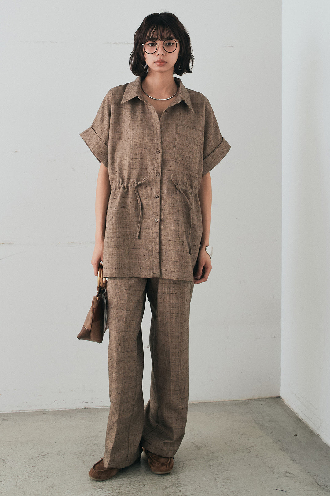 [SET]ツイードウエストドロストシャツ+ツイードタックパンツ(2set)