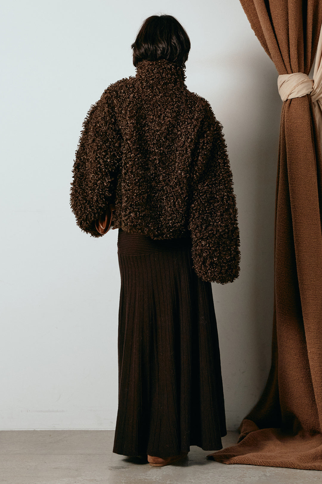 [SET]プードルファーミドルジャケット+編み地切り替えフレアニットスカート(2set)