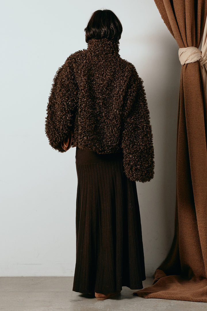 [SET]プードルファーミドルジャケット+編み地切り替えフレアニットスカート(2set)