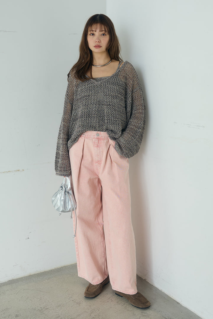 [SET]メッシュ編みビスチェセットVネックプルオーバー+カラーデニムタックカーブパンツ(2set)