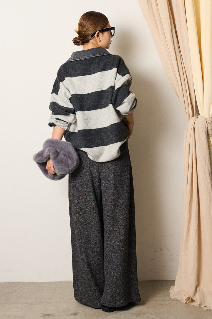 [SET]デニムカラーボーダールーズニット+太ベルト付きツイードワイドパンツ(2set)
