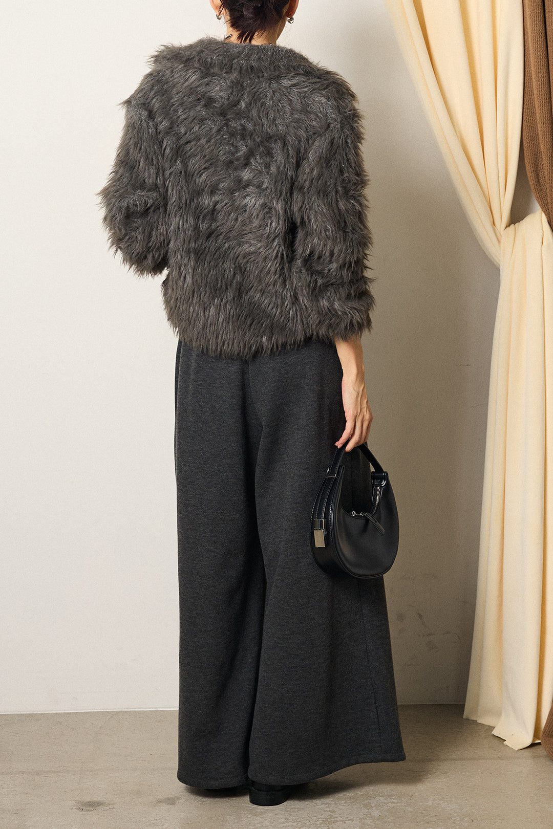 [SET]襟付きシャギーニットカーディガン+フェイクレザー太ベルト付きタックワイドパンツ(2set)