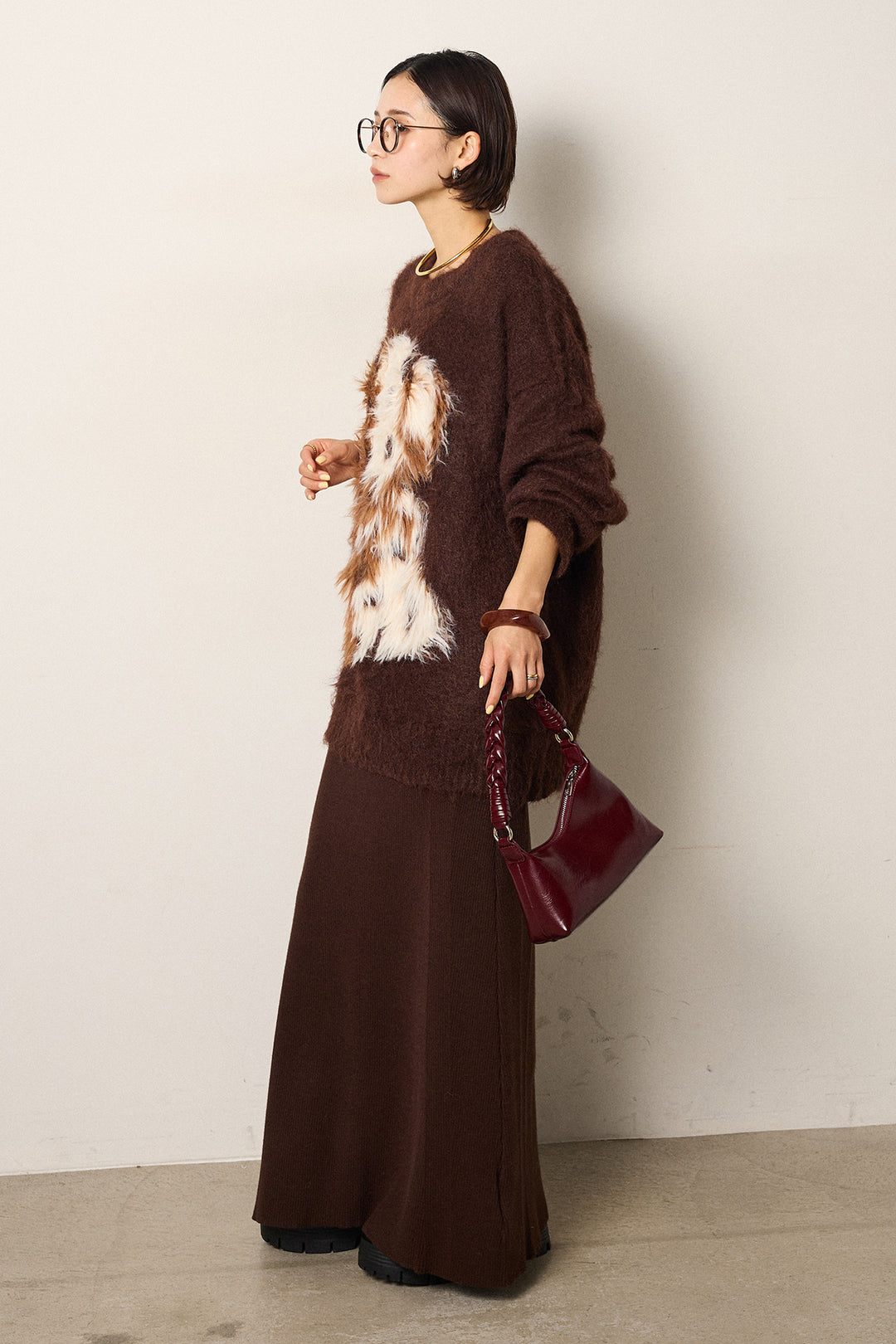 [SET]シャギーニュアンスアニマルニット+リブナローニットスカート(2set)