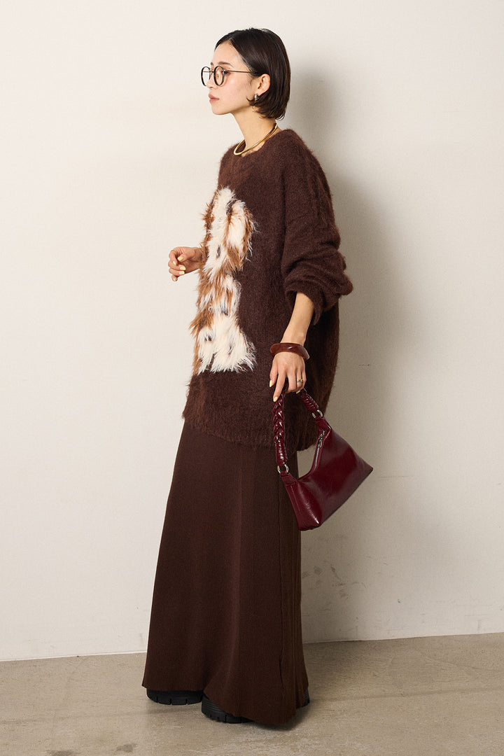 [SET]シャギーニュアンスアニマルニット+リブナローニットスカート(2set)